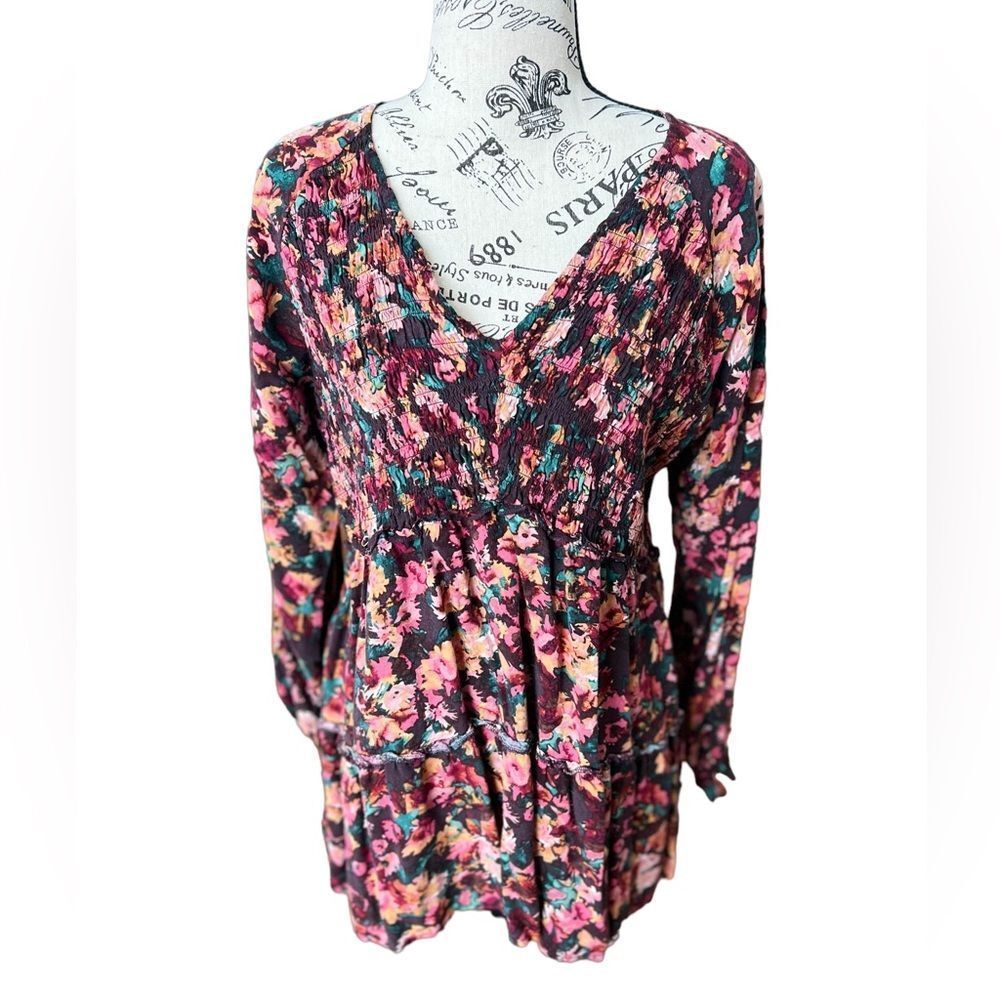 Maurices Women’s XL Floral Print Brown V Neck Three Quarter Sleeve Flowy Top